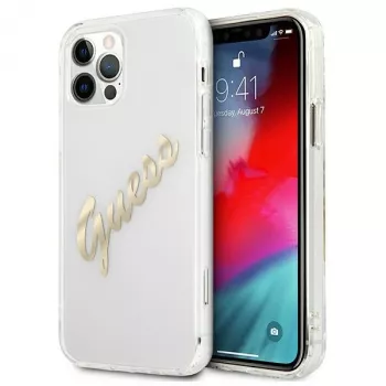 Pevné pouzdro GUESS Vintage Script Gold pro Apple iPhone 12 Pro Max – průhledné