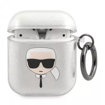 Pouzdro Karl Lagerfeld KLA2UKHGS pro AirPods 1/2 stříbrné s třpytem Karl's Head