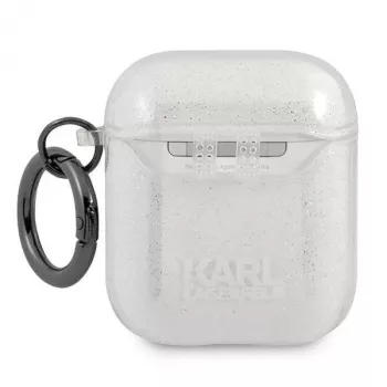 Pouzdro Karl Lagerfeld KLA2UKHGS pro AirPods 1/2 stříbrné s třpytem Karl's Head