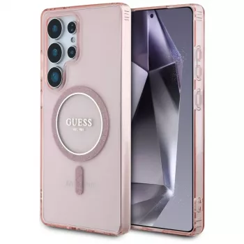 GUESS Glitter Circle Classic Logo MagSafe pouzdro pro Samsung Galaxy S25 Ultra - růžová
