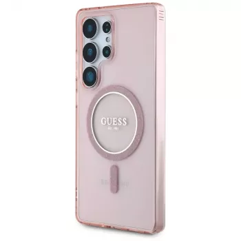 GUESS Glitter Circle Classic Logo MagSafe pouzdro pro Samsung Galaxy S25 Ultra - růžová