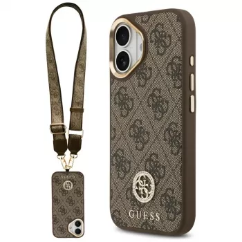 GUESS 4G Strass Logo & Big Strap Metal Buttons MagSafe pouzdro na iPhone 17 - hnědé