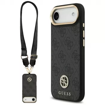 GUESS 4G Strass Logo MagSafe pouzdro na iPhone Air s kovovými tlačítky a řemínkem na zápěstí - černé