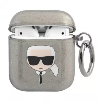Pouzdro Karl Lagerfeld KLA2UKHGK pro AirPods 1/2 černé s třpytem Karl's Head