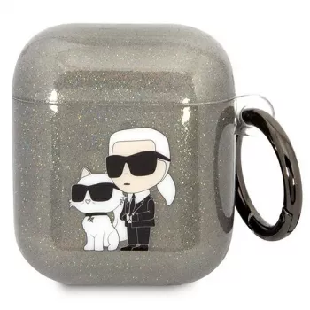 Pouzdro Karl Lagerfeld KLA2HNKCTGK pro AirPods 1/2 černé s třpytem Karl & Choupette
