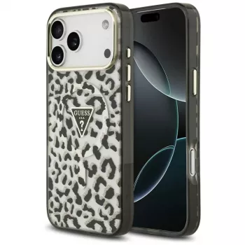 GUESS IML Leopard Glitter Triangle Logo pouzdro MagSafe pro iPhone 18 Pro Max / 17 Pro Max - černé