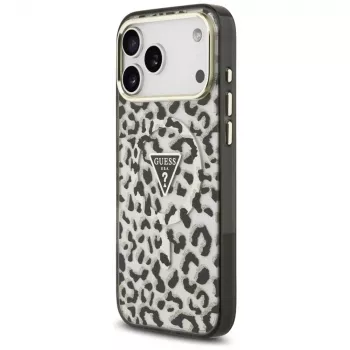 GUESS IML Leopard Glitter Triangle Logo pouzdro MagSafe pro iPhone 18 Pro Max / 17 Pro Max - černé