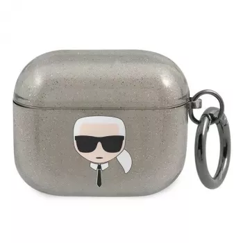 Pouzdro Karl Lagerfeld KLA3UKHGK pro AirPods 3 černé s třpytem Karl's Head