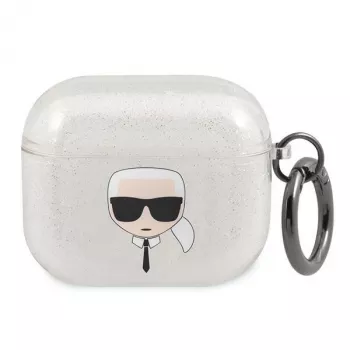 Pouzdro Karl Lagerfeld KLA3UKHGS pro AirPods 3 stříbrné s třpytem Karl's Head