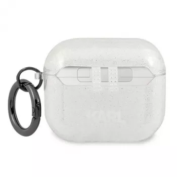 Pouzdro Karl Lagerfeld KLA3UKHGS pro AirPods 3 stříbrné s třpytem Karl's Head