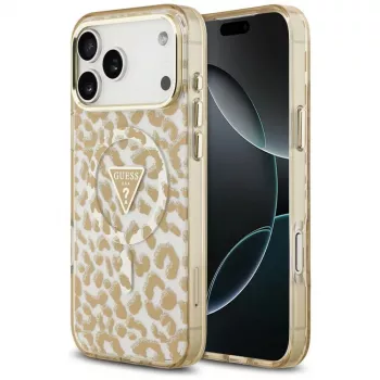 GUESS IML Leopard Glitter Triangle Logo MagSafe pouzdro pro iPhone 18 Pro Max / 17 Pro Max - hnědé