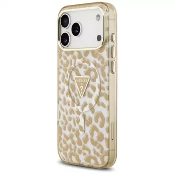GUESS IML Leopard Glitter Triangle Logo MagSafe pouzdro pro iPhone 18 Pro Max / 17 Pro Max - hnědé