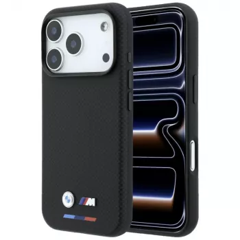 BMW M Quadrille Kevlar MagSafe pouzdro pro iPhone 18 Pro Max / 17 Pro Max - černé s trikolórou a kovovým logem