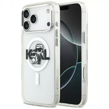 Pouzdro Karl Lagerfeld IML Glitter Karl & Choupette Sketch Logo MagSafe pro iPhone 17 Pro Max – průhledné
