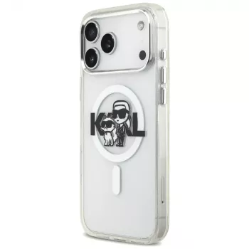 Pouzdro Karl Lagerfeld IML Glitter Karl & Choupette Sketch Logo MagSafe pro iPhone 17 Pro Max – průhledné