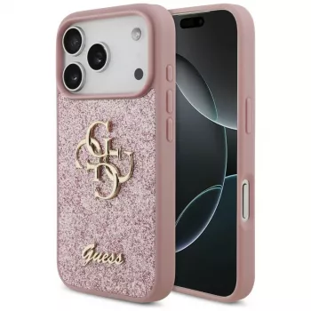 GUESS Fixed Glitter Big 4G pouzdro pro iPhone 18 Pro / 17 Pro – růžové
