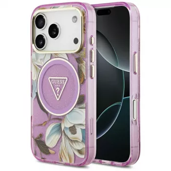 GUESS IML Glitter Flowers Triangle MagSafe pouzdro pro iPhone 18 Pro / 17 Pro - fialové