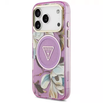 GUESS IML Glitter Flowers Triangle MagSafe pouzdro pro iPhone 18 Pro / 17 Pro - fialové