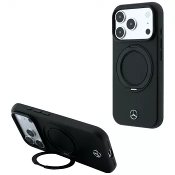 Mercedes kožené pouzdro s prstencovým stojánkem MagSafe pro iPhone 18 Pro Max / 17 Pro Max – černé