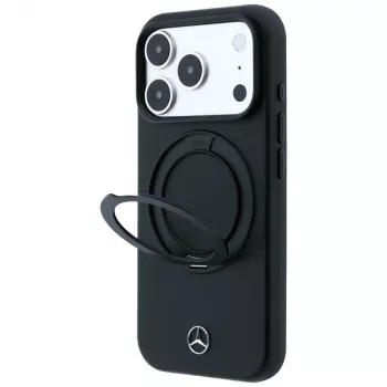 Mercedes kožené pouzdro s prstencovým stojánkem MagSafe pro iPhone 18 Pro Max / 17 Pro Max – černé