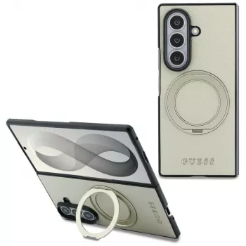 Pouzdro Guess Magnetic Ring Stand Grained Classic Logo MagSafe pro Samsung Galaxy Z Fold 8 Ultra (béžové)