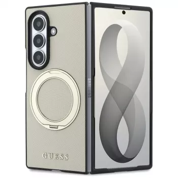 Pouzdro Guess Magnetic Ring Stand Grained Classic Logo MagSafe pro Samsung Galaxy Z Fold 8 Ultra (béžové)