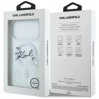 Pouzdro Karl Lagerfeld Liquid Glitter Karl Script Logo MagSafe pro iPhone 17 Pro průhledné