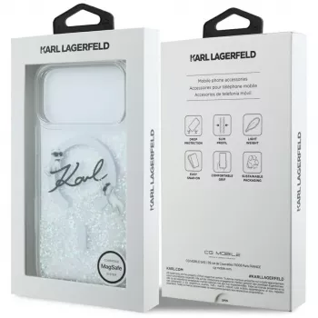 Pouzdro Karl Lagerfeld Liquid Glitter Karl Script Logo MagSafe pro iPhone 17 Pro Max – průhledné