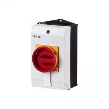 Eaton P1-25/I2/SVB 3-pólový hlavní vypínač, 25 A, 690 V, IP65, červeno-žlutá rukojeť, nástěnná montáž, funkce nouzového zastavení