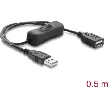 Delock USB prodlužovací napájecí kabel Type-A samec na samici s vypínačem 0,5 m černý