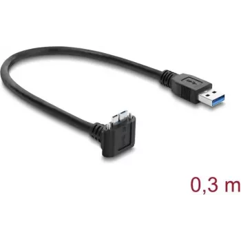Delock USB 5 Gbps kabel USB Type-A samec na USB Micro-B samec šroubové zajištění 90° nahoru zahnutý 0,3 m černý
