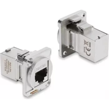 Delock D-Type modul RJ45 zásuvka na zásuvku 90° zalomený Cat.6A stříbrný