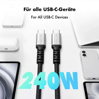 LogiLink USB 2.0 Type-C kabel, C/M na C/M, 480 Mbps, 240W, nylon, kov, černá/stříbrná, 2 m