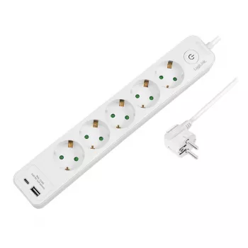 LogiLink LPS280U prodlužovací lišta, 5 AC zásuvek, 2 USB porty (USB-A & USB-C), 17W, bílá