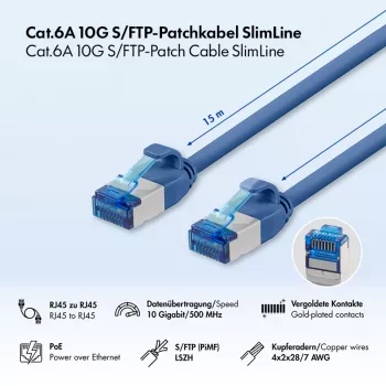 Patch kabel LogiLink SlimLine Cat.6A S/FTP LSZH, 15 m, modrý