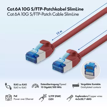 Slim patch kabel LogiLink Cat.6A S/FTP LSZH, červený, 15 m, SlimLine