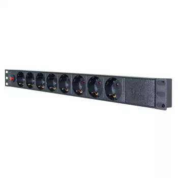 LogiLink PDU8C06 19 inch 1U 8násobný PDU se Schuko zásuvkami a přepěťovou ochranou, 2x USB-C, ochrana proti přetížení, 2m kabel, černo-stříbrný