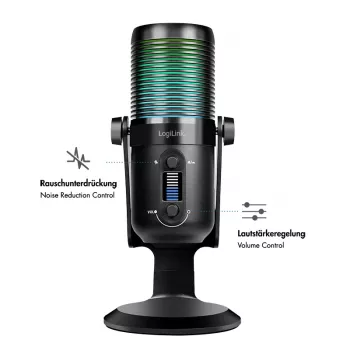 Kondenzátorový mikrofon LogiLink USB s RGB světlem, kardioidní/všesměrová charakteristika, 20 Hz - 20 kHz, černý (HS0059)