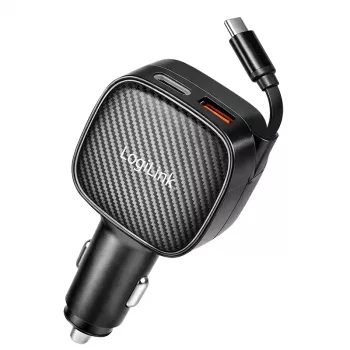 USB nabíječka do auta LogiLink PA0295, 3 porty včetně zatahovacího USB-C kabelu, 60W, PD, QC, černá