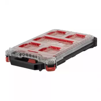 Organizér Milwaukee PACKOUT Slim Organizer Medium 8277387 - IP65 odolný vodě a prachu, 10 odnímatelných přihrádek, čiré polykarbonátové víko, kovem vyztužené západky, červený/černý