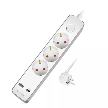 LogiLink LPS287U prodlužovací lišta se 3 bezpečnostními zásuvkami, USB-A & USB-C PD 20W, kolébkový vypínač, 1,5m kabel, bílá
