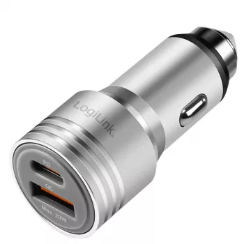 USB nabíječka do auta LogiLink, 2 porty, 20 W rychlé nabíjení, stříbrná