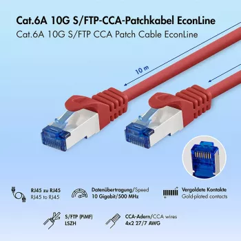 LogiLink Cat.6A CCA S/FTP LSZH patch kabel, červený, 10 m, EconLine