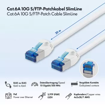 LogiLink Cat.6A Slim S/FTP LSZH patch kabel, bílý, 20 m