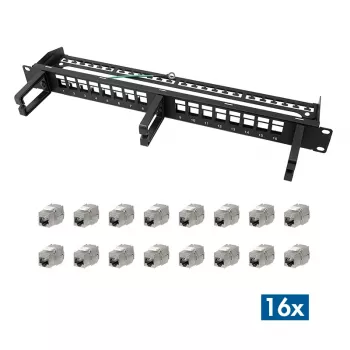 LOGILINK modulární 16portový Cat.6A Keystone patch panel, 19/1U, se 3 kabelovými kroužky, černý