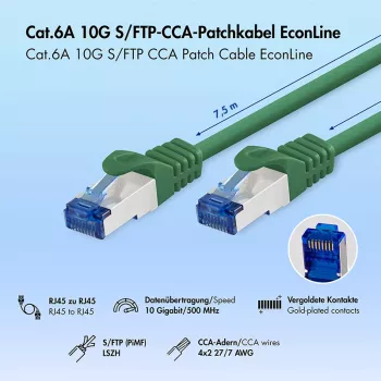 Patch kabel LogiLink Cat.6A S/FTP LSZH, CCA, 7,5 m, zelený, EconLine