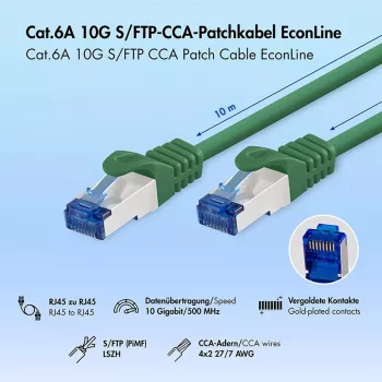 Patch kabel LogiLink Cat.6A S/FTP LSZH, CCA, zelený, 10 m, EconLine