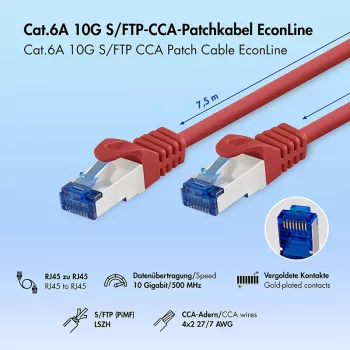 Patch kabel LogiLink Cat.6A S/FTP LSZH, CCA, červený, 7,5 m, EconLine