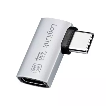 Adaptér LogiLink USB4 Type-C 90°, C/M na C/F, 40 Gbit/s, 240W, 8K/60Hz, hliník, stříbrný