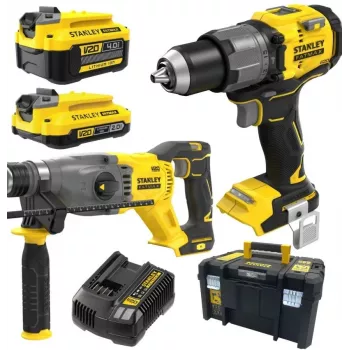 STANLEY V20 18V akumulátorová příklepová vrtačka a rázový utahovák set s 4.0Ah a 2.0Ah bateriemi